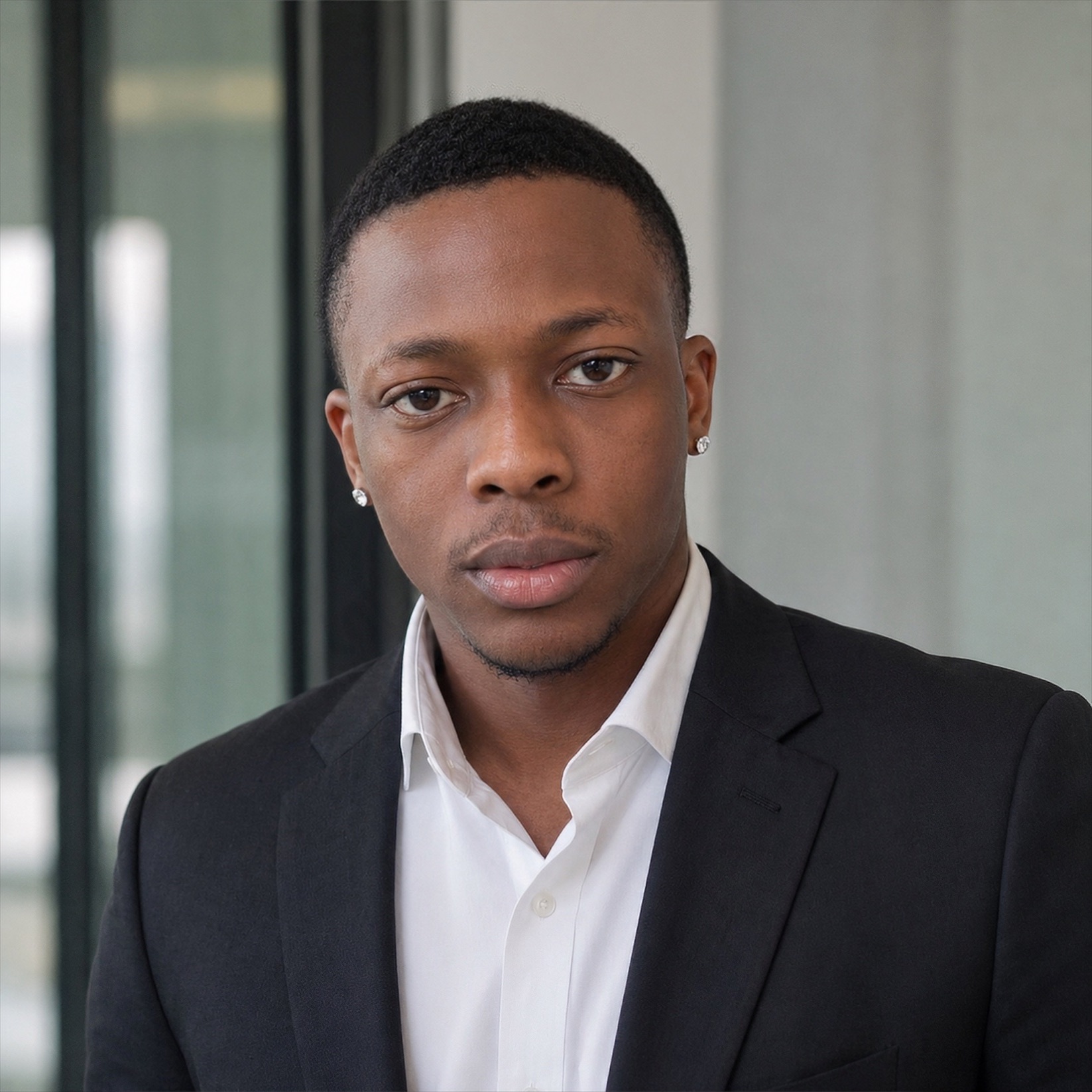 Olumide Olusegun, Founder & Managing Director of Splitbox Limited, in a dark suit and open white shirt, photographed head-on against a softly blurred interior backdrop.